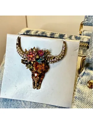 NEW Longhorn Skull Floral Rhinestone Brooch Western Statement Bag Charm Pin NWT thumbnail 5