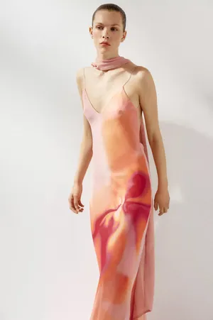 Zara Elegant Pink and Orange Maxi Dress scarf evening party wedding thumbnail 13