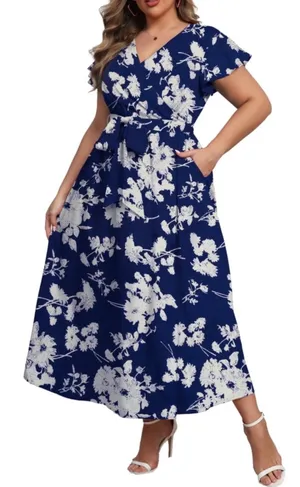 NWT ~ Women's Blue & White Plus Size Floral Butterfly Sleeve Maxi Dress ~ 1X thumbnail 1