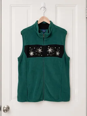 Basic‎ Editions Green Fleece Vest Snowflake Embroidery Zip Up Collar Winter XL thumbnail 2