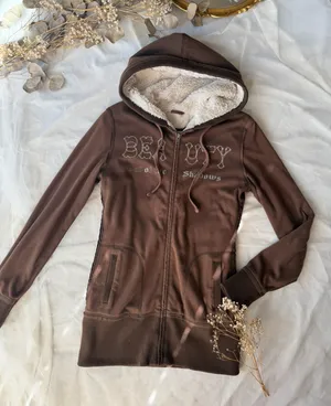 Y2K Brown Faux Fur Lined Hooded Zip Up thumbnail 1