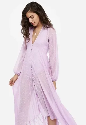 Express x Rocky Barnes Lilac Swiss Dot Sheer Kimono Dress XS thumbnail 1