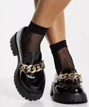 GUESS Hillford Chunky Women Loafer Black Patent Gold Chain Platform Lug Sole 9.5 thumbnail 1