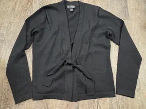 Mercer + Madison Maroon 100% Italian Merino Wool Tie Cardigan Black Large thumbnail 1