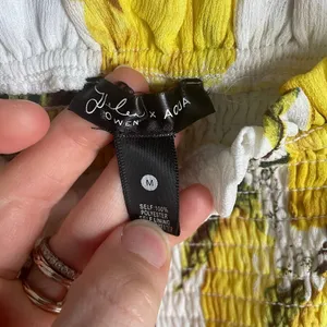 Aqua White Yellow Peplum Tank Top Smocked Lemons Novelty Prep Summer Vacation M‎ thumbnail 3