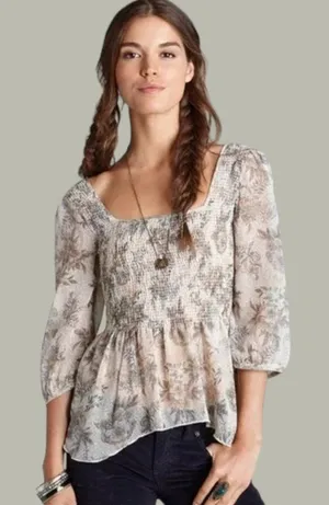 Free People XS Smocked Floral Sheer Peasant Ever After Top Boho Romantic Cottage thumbnail 1