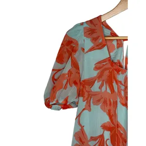 Olivaceous Floral Whimsical Boho Puff Sleeve Mini Dress Orange Blue Size Medium thumbnail 6