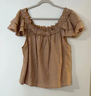 Easel Checkered Ruffle Sleeve Blouse - Tan thumbnail 1