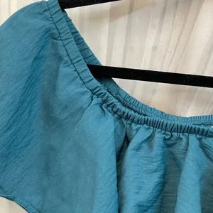 The nines S Small Ruffled Off-Shoulder Teal Crop Top with Tie Hem thumbnail 3