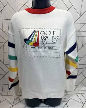 Quantum Sportswear Vintage Golf USA Sweater M White Retro Graphic‎ Stripe Sleeve thumbnail 1