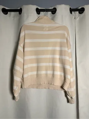 aerie Beige and White Striped Quarter-Zip Sweater thumbnail 5