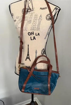 Fossil Blue croc-embossed leather 2-way satchel/crossbody with brown trim thumbnail 1