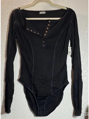 NWT Free People Intimately Sloane Long Sleeve Henley Bodysuit Black Small S thumbnail 3