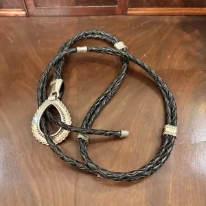 Vintage Black Braided Genuine Leather Bolo‎ Tie Belt Silver Tone Pendant 50" thumbnail 4
