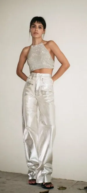 ZARA Metallic Mid-Rise Boyfriend‎ Jean Silver Sz 6 thumbnail 1