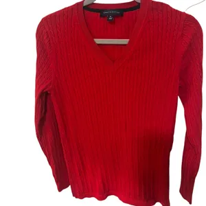 Tommy Hilfiger Red Cable Knit V-Neck Sweater Women’s Medium Classic Cotton thumbnail 7