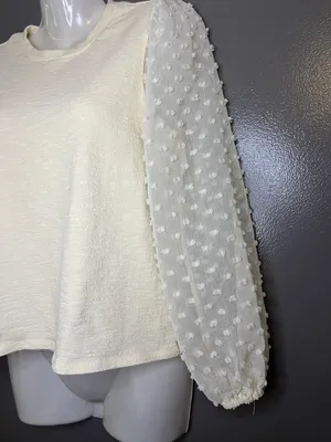 Maeve Sweater Womens Petite XS White Sheer Swiss Dot Balloon Sleeve Pullover thumbnail 4