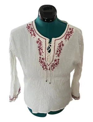 Vintage Ivory/Burgundy Embroidered Lace Up Peasant Crinkle Long Sleeve Top Boho thumbnail 1