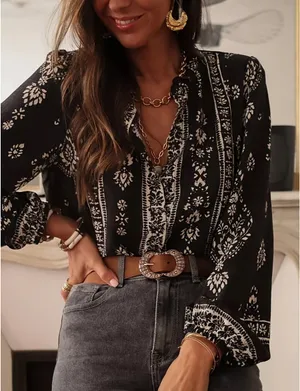 Atzbranding Boho Floral Long Sleeve Blouse Black thumbnail 1