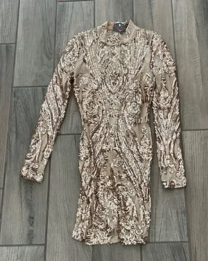Banjul Tan and Brown Bodycon Dress with Mock Neck thumbnail 1