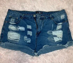 Boohoo distressed high waist Jean shorts thumbnail 1