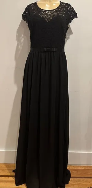 Miusol Black Floral Lace Cap Sleeve Belted Maxi Dress Sz L Formal Chiffon thumbnail 1