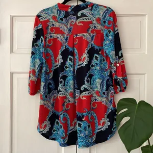 DazzleUp Paisley Tunic Top Swim Cover‎ Up Red Blue Boho Beach Size Medium Resort thumbnail 6