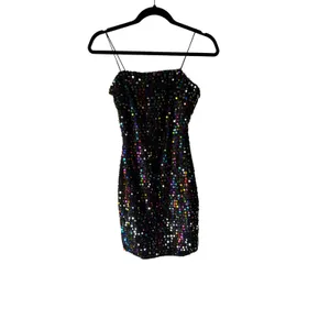 Bear Dance NWT Sparkly Sequin Mini Dress Spaghetti‎ Straps Blk Rainbow Party Clubwear Disco thumbnail 2