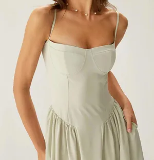 RIHOAS Green Square Neck Pocket Slip Midi Dress L thumbnail 3