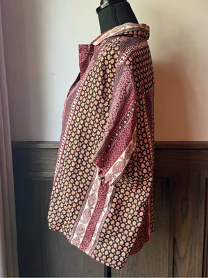 Rachel Zoe Short-Sleeve Linen Button-Down Shirt in Burgundy and Blush Pattern xl thumbnail 2