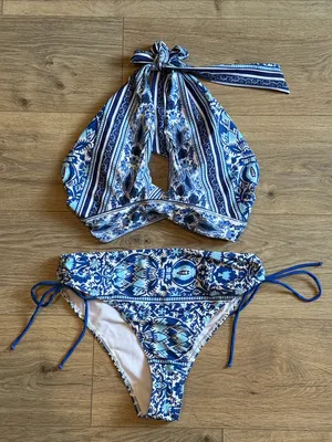 Blue Boho Mosaic High-Waist Halter Bikini Large Modest thumbnail 1
