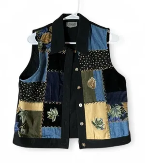 VTG Stonebridge Patchwork Embroidered Leaf Button Front Vest Black‎ Blue 16N33 Size L thumbnail 1