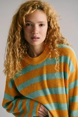 Free People Beach Malibu Surf Sweater Icelandic Poppy Orange Teal Striped Small thumbnail 1
