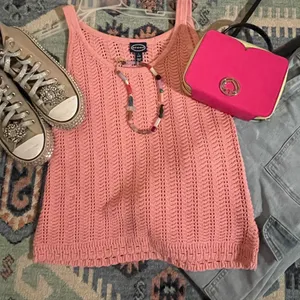 Scoop Sweater Crochet Knit Tank Top in Pink Size S thumbnail 1