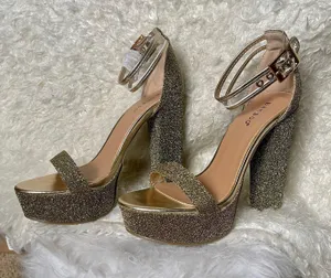 Bamboo Holiday Gold glam metallic glittery felt platform high chunky formal event heels thumbnail 8