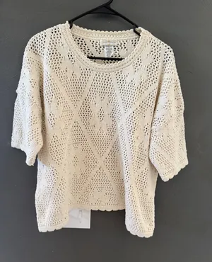 Yarnworks Vintage 90s Large Cream Cotton Open Knit Diamond Pointelle Sweater USA thumbnail 1
