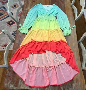 Champagne & Strawberry Rainbow Colorblock Tiered High Low Dress XS Chiffon Ombré thumbnail 1