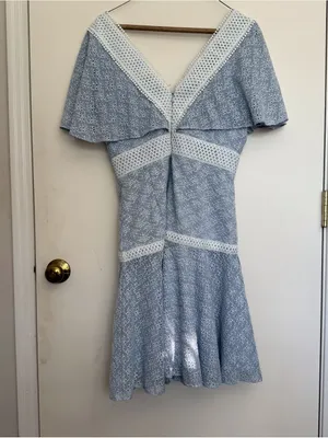 Gianni Bini Light Blue Lace Mini Dress with White Trim, eyelet lace flare dress thumbnail 2
