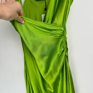 NWT ZARA Bright Green Satin Slip Midi Dress Sz XL Drapey Wrap Side Slit thumbnail 10