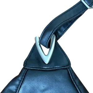 Black‎ Leather Like Sling Teardrop Backpack Silver V Hardware Adjustable Strap Black thumbnail 5
