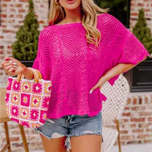 Roots &‎ Wings Boutique Women’s Pink Eyelet Crochet Knit Cover Up Blouse Medium thumbnail 1