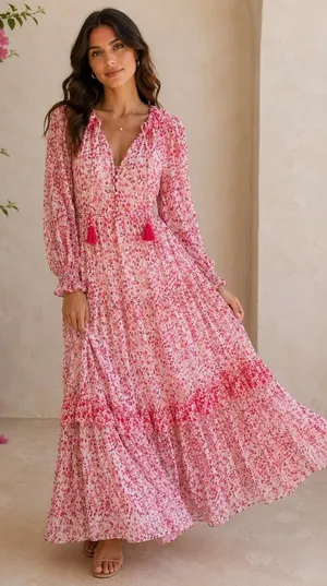 Anthropologie Marais Printed Chiffon Floral Maxi Dress Pink Boho Tassel S thumbnail 1