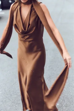 Zara maxi halter scarf satin plunge neck Brown Evening Wedding thumbnail 10