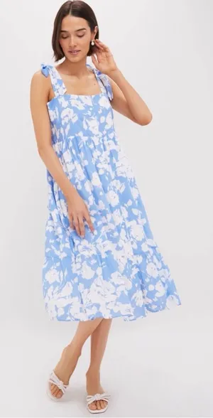 Hyacinth House Tuckernuck Blue and White Floral Lupine Midi Tie Shoulder Dress M thumbnail 1