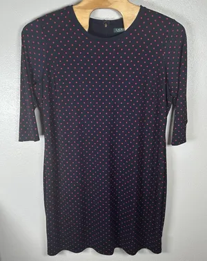 Lauren Ralph Lauren Navy Blue Red Polka Dot Midi Dress Plus Size‎ 3X 3/4 Sleeve thumbnail 1