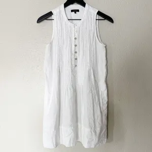 Quince 100% European Linen Sleeveless Swing Dress Pintuck Button Front‎ XS White thumbnail 2