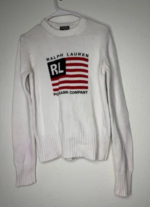 Polo‎ Jeans Co Ralph Lauren Womens White Cotton Flag Knit Sweater Large thumbnail 1