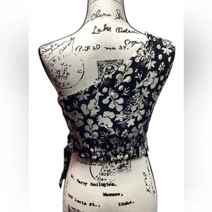 Free People Carmen One Shoulder Tie Waist Tropical Black And Ivory Floral Medium thumbnail 3