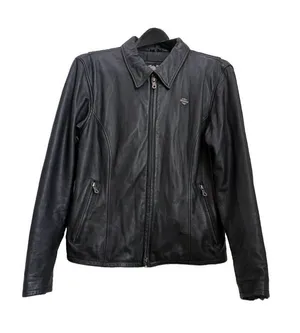 Vintage HARLEY DAVIDSON Black Leather Ruched Motorcycle Jacket Women’s Size L thumbnail 1