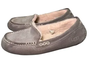 UGG Ansley Suede Shearling Moccasin Slippers Grey House Shoes Womens‎ Size 9 M thumbnail 1